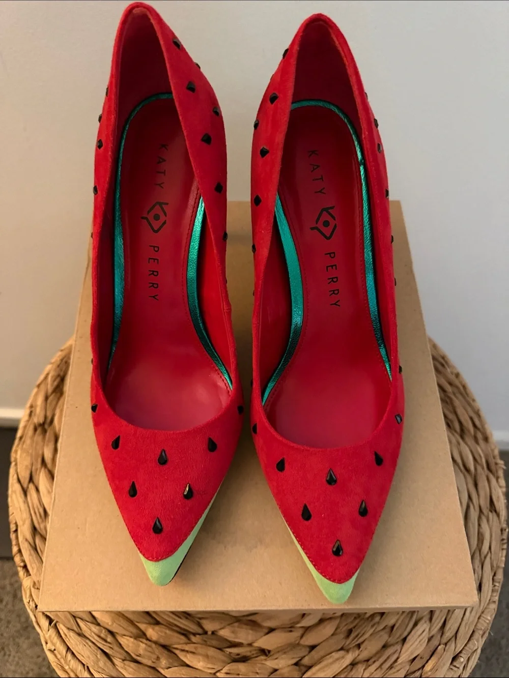 Katy Perry Collections Red Suede Pointed Toe Pumps with Green Tip